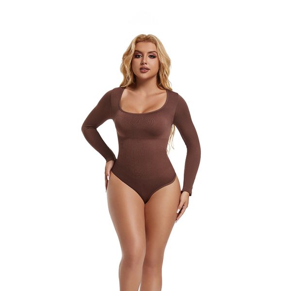 Shapewear bodysuit seamless ribbed square neck waist button-down